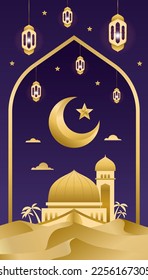 Islamic background with mosque and latern and white background in the big mountain. ramadan kareem background with moon and star Background with Decorative Ornament Pattern gold and sand vector