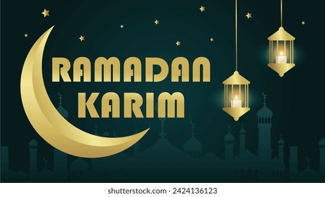 Islamic Background With Mosque For Ramadan Kareem And Eid Mubarak. Golden Half Moon And Background. Vector illustration.