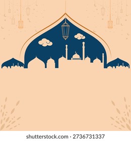 Islamic background with mosque silhouette, hanging lanterns, clouds, and stars on cream backdrop. Perfect for Eid Mubarak, Ramadan Kareem, or Islamic greeting card template