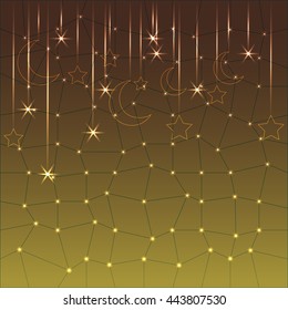 Islamic background for muslim community festive or holiday. Cute Shiny decorative background. crescents moon and stars on geometric poly backdrop