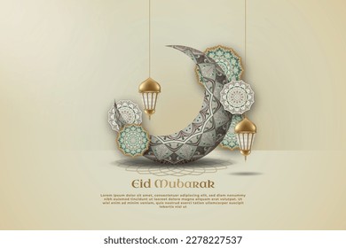 Islamic background paper art with a crescent and the words eid mubarak on it.