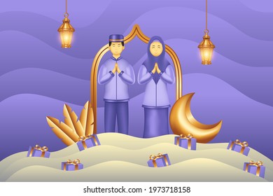 Islamic background paper cut style with gift man and woman praying. Islamic background suitable for Ramadan, Eid al Adha, Eid al Fitr