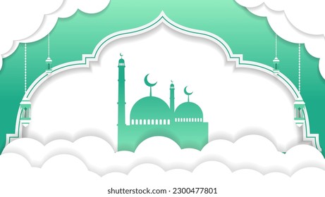 islamic background with paper cut style in green and white color.vector illustration