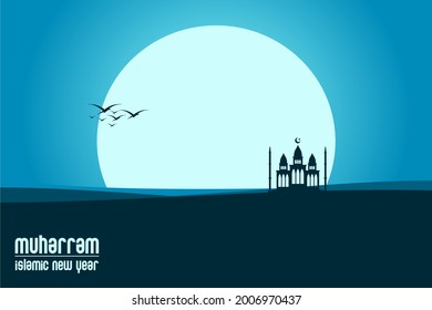 Islamic background with a picture of a mosque in the desert at night, 1 muharram