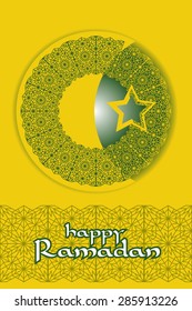 Islamic background for Ramadan. Crescent moon and star icon with arabic style pattern. Vector Brush included