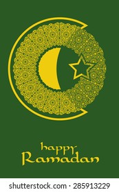 Islamic background for Ramadan. Crescent moon and star icon with arabic style pattern. Vector Brush included