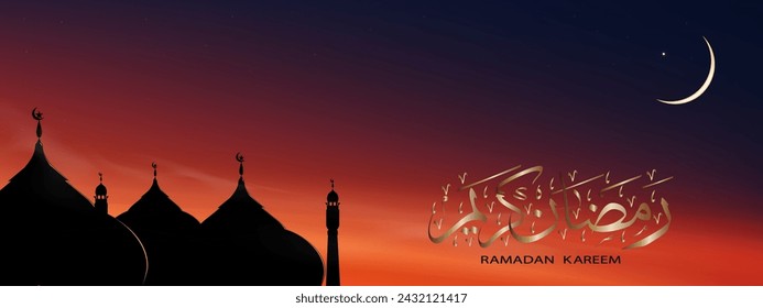 Islamischer Hintergrund mit Ramadan Kareem Kalligraphie Arabisch, Kuppelmoscheen, Halbmond auf blauem Himmel Hintergrund, Vetor-Symbol Islamische Religion mit Dämmerhimmel, Banner Eid al Adha, Eid al fitr, Mubarak