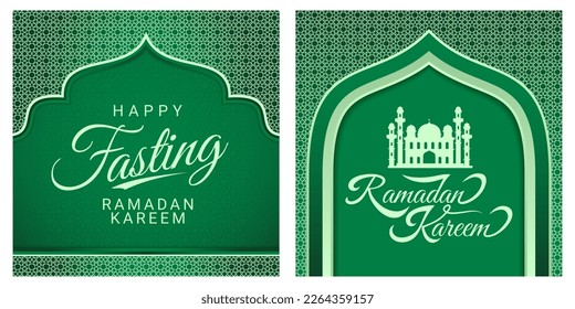 Antecedentes islámicos para Ramadan Kareem y eid mubarak 2023. Dorado y verde, con linterna, vector de adorno islámico, ayuno feliz
