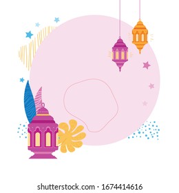 Islamic Background for Ramadan lettering.Tropical Leaves, flashlight, hand-drawn doodle elements.02
