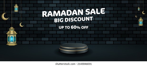 Islamic background. Ramadan mubarak banner with lantern, moon, star. Brick on black islamic pattern