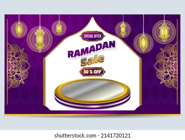 Islamic Background Ramadan Sale in Purple Silver Color Landscape Suitable for Branding and Advertising Premium Vector