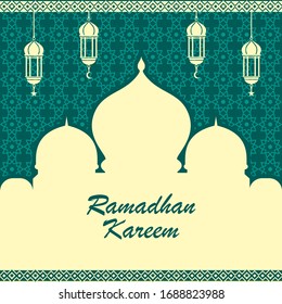 Islamic background ramadhan and Eid Al-Fitr celebration, images of mosques accompanied by ornaments Pattern and lamp cool elegant colors  flat designs vector for posters, banners, greeting cards, etc.