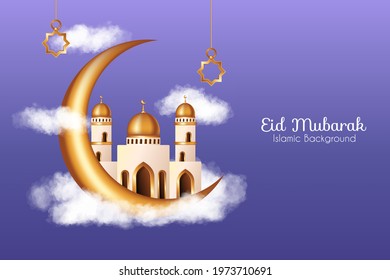 Islamic background with realistic clouds, 3d golden mosque and crescent moon decorations. Islamic background suitable for Ramadan, Eid al Adha, Eid al Fitr.