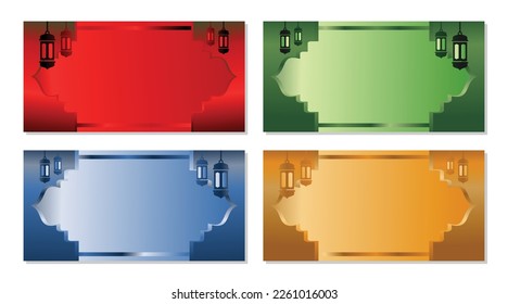Fondo islámico en rojo, verde, azul dorado con adorno de linterna para banner y plantilla de tarjeta de saludo. Ilustración vectorial de festividad musulmana