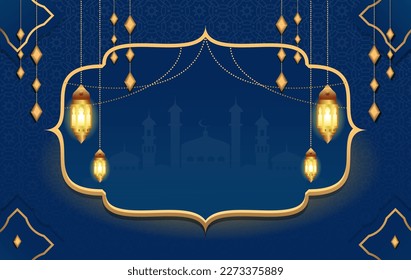 islamic background tamplate with elegant blue color and islamic lantern. Perfect for Ramadan Kareem and Eid Al-Fitr greeting cards. vector illustration