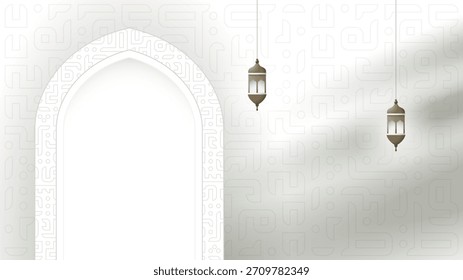 Islamische Hintergrundvorlage mit arabischen Buchstaben auf Moschee-Bogen-Form auf weißem Hintergrund und Laternendesign. islamischer Hintergrund für islamischen Feiertag