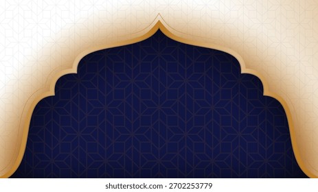 Plantilla de fondo islámico en azul y oro con diseño de arco de mezquita. Fondo islámico de lujo para el diseño islámico del acontecimiento