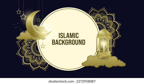 Islamic Background Template Circle with Gold Theme of Half Moon, Lamp, Mandala, Luxury, Ramadan Kareem Poster Vector Design Illustration