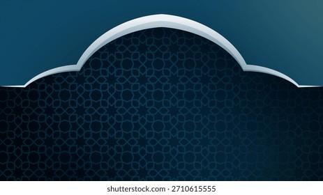 Islamische Hintergrundvorlage im dunkelblauen Design mit großer Moschee-Bogenform und islamischem Muster-Design. Islamischer Hintergrund für Feiertagskampagne