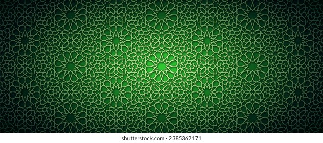 Islamic Background Vector - Abstract Geometric Pattern Ornament Background For Moslem Ramadan Kareem, Eid Mubarak and Another Moslem Celebration Day Green Dark Gradient Color Banner Template Backdrop