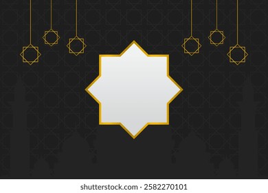 Islamic background vector design with gold star motif, mosque silhouette and text space in the center. Elegant for Ramadan, Eid al-Fitr or Islamic greetings.