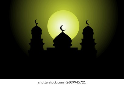 Islamic background vector design. Mosque Silhouette with Minarets Against Yellow Moon Glow