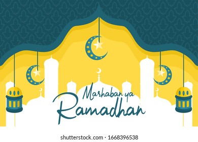 Islamic background vector illustration with Yellow, white and dark teal color, unique ornaments, silhouette of mosque and Marhaban ya Ramadhan text in flat design. 