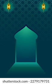 Islamischer Hintergrund Vektor Ramadan Kareem Eid Mubarak Vertikales Layout Dunkelgrüne Teal-Farbtafel-Vorlage