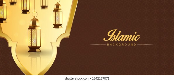Islamic Background Vintage Arabic Luminous Lamp Decoration. Islamic arabian vintage decorative hanging lamp. Lantern 3D Multicolored. Greeting Card, blank poster template.