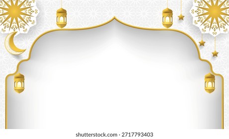 Fondo islámico con media luna blanca y dorada, linterna, estrellas y mandala. ideal para la celebración del ramadán, Anuncio eid mubarak, publicación en redes sociales o invitación.