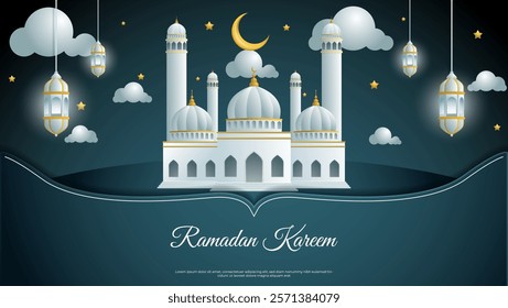 islamic background with white and gold mosque, crescent, stars and lantern. great for ramadan kareem, eid mubarak and other islamic event.