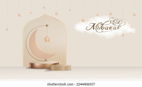 Islamic background,3D Podium with Cloud,Crescent Moon and Star hanging on Beige background,Vector Horizontal Banner for Muslim Religion Symbolic for Eid al fitr,Ramadan Kareem,Eid al Adha Mubarak