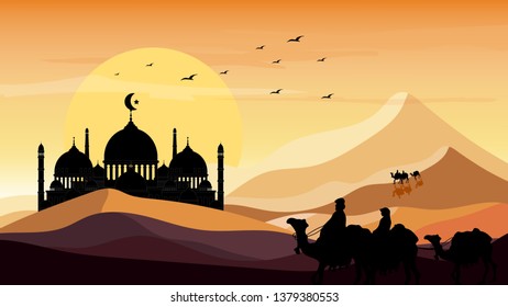 Islamic Background,Arab family with camels walking in desert sand,Dome Mosques,Crescent Moon,Star on Sky,Vetor symbol islamic religion with twilight sky,Eid al Adha,Eid al fitr,Mubarak,Ramadan Kareem