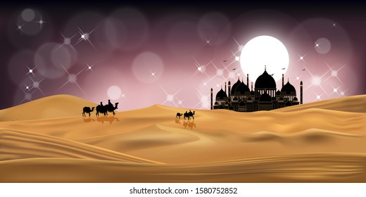 Islamic Background,Arab family with camels walking in desert sand,Dome Mosques,Crescent Moon,Star on Sky,Vetor symbol islamic religion with twilight sky,Eid al Adha,Eid al fitr,Mubarak,Ramadan Kareem