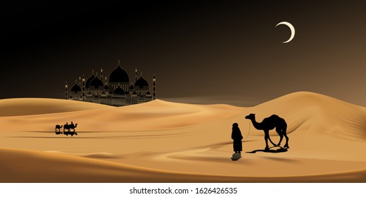 Islamic Background,Arab family with camels walking in desert sand,Dome Mosques,Crescent Moon,Star on Sky,Vetor symbol islamic religion with twilight sky,Eid al Adha,Eid al fitr,Mubarak,Ramadan Kareem