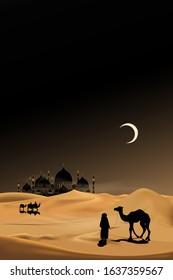 Islamic Background,Arab family with camels walking in desert sand,Dome Mosques,Crescent Moon,Star on Sky,Vetor symbol islamic religion with twilight sky,Eid al Adha,Eid al fitr,Mubarak,Ramadan Kareem