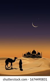 Islamic Background,Arab family with camels walking in desert sand,Dome Mosques,Crescent Moon,Star on Sky,Vetor symbol islamic religion with twilight sky,Eid al Adha,Eid al fitr,Mubarak,Ramadan Kareem