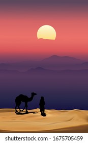 Islamic Background,Arab family with camels walking in desert sand on sunset Sky,Vetor symbol islamic religion with twilight sky,Eid al Adha,Eid al fitr,Mubarak,Ramadan Kareem