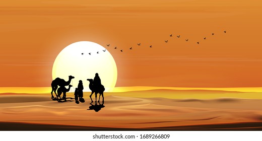 Islamic Background,Arab family with camels walking in desert sand,Vetor symbol islamic religion with twilight sky,Eid al Adha,Eid al fitr,Mubarak,Ramadan Kareem