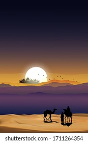 Islamic Background,Arab family with camels walking in desert sand,Dome Mosques,Crescent Moon,Star on Sky,Vetor symbol islamic religion with twilight sky,Eid al Adha,Eid al fitr,Mubarak,Ramadan Kareem