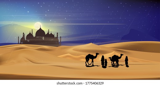 Islamic Background,Arab family with camels walking in desert sand,Dome Mosques,Crescent Moon,Star on Sky,Vetor symbol islamic religion with twilight sky,Eid al Adha,Eid al fitr,Mubarak,Ramadan Kareem