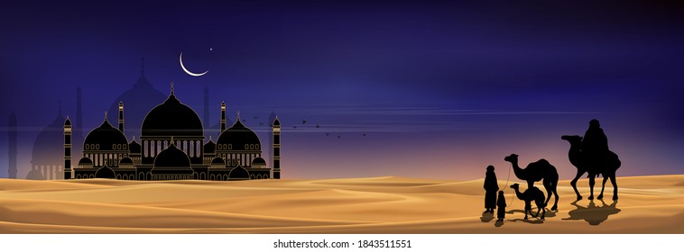 Islamic Background,Arab family with camels walking in desert sand,Dome Mosques,Crescent Moon,Star on Sky,Vetor symbol islamic religion with twilight sky,Eid al Adha,Eid al fitr,Mubarak,Ramadan Kareem