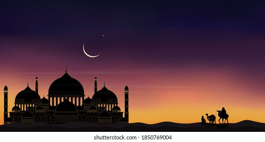 Islamic Background,Arab family with camels walking in desert sand,Dome Mosques,Crescent Moon,Star on Sky,Vetor symbol islamic religion with twilight sky,Eid al Adha,Eid al fitr,Mubarak,Ramadan Kareem