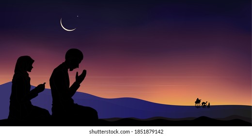 Islamic Background,Arab family with camels walking in desert sand,Dome Mosques,Crescent Moon,Star on Sky,Vetor symbol islamic religion with twilight sky,Eid al Adha,Eid al fitr,Mubarak,Ramadan Kareem