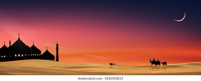 Islamic Background,Arab family with camels walking in desert sand,Dome Mosques,Crescent Moon,Star on Sky,Vetor symbol islamic religion with twilight sky,Eid al Adha,Eid al fitr,Mubarak,Ramadan Kareem