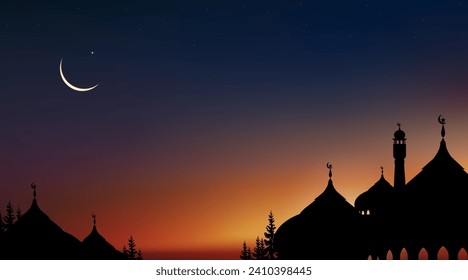 Islamic Background,Dome Mosques,Crescent Moon,Starry on Dark Blue Sky Background,Vetor symbol islamic religion with twilight sky,Banner Eid al Adha,Eid al fitr,Mubarak,New year Muharram,Ramadan Kareem