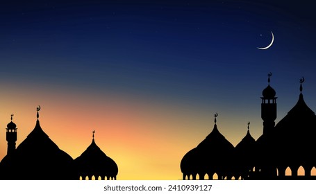 Islamic Background,Dome Mosques,Crescent Moon,Starry on Dark Blue Sky Background,Vetor symbol islamic religion with twilight sky,Banner Eid al Adha,Eid al fitr,Mubarak,New year Muharram,Ramadan Kareem