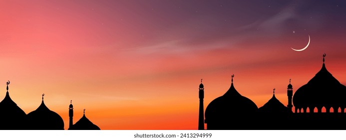 Islamic Background,Dome Mosques,Crescent Moon,Starry on Dark Blue Sky Background,Vetor symbol islamic religion with twilight sky,Banner Eid al Adha,Eid al fitr,Mubarak,New year Muharram,Ramadan Kareem