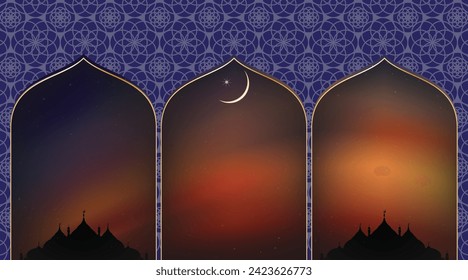 Islamic Background,Dome Mosques,Crescent Moon,Starry on Dark Blue Sky Background,Vetor symbol islamic religion with twilight sky,Banner Eid al Adha,Eid al fitr,Mubarak,New year Muharram,Ramadan Kareem