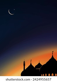 Islamic Background,Dome Mosques,Crescent Moon,Starry on Dark Blue Sky Background,Vetor symbol islamic religion with twilight sky,Banner Eid al Adha,Eid al fitr,Mubarak,New year Muharram,Ramadan Kareem